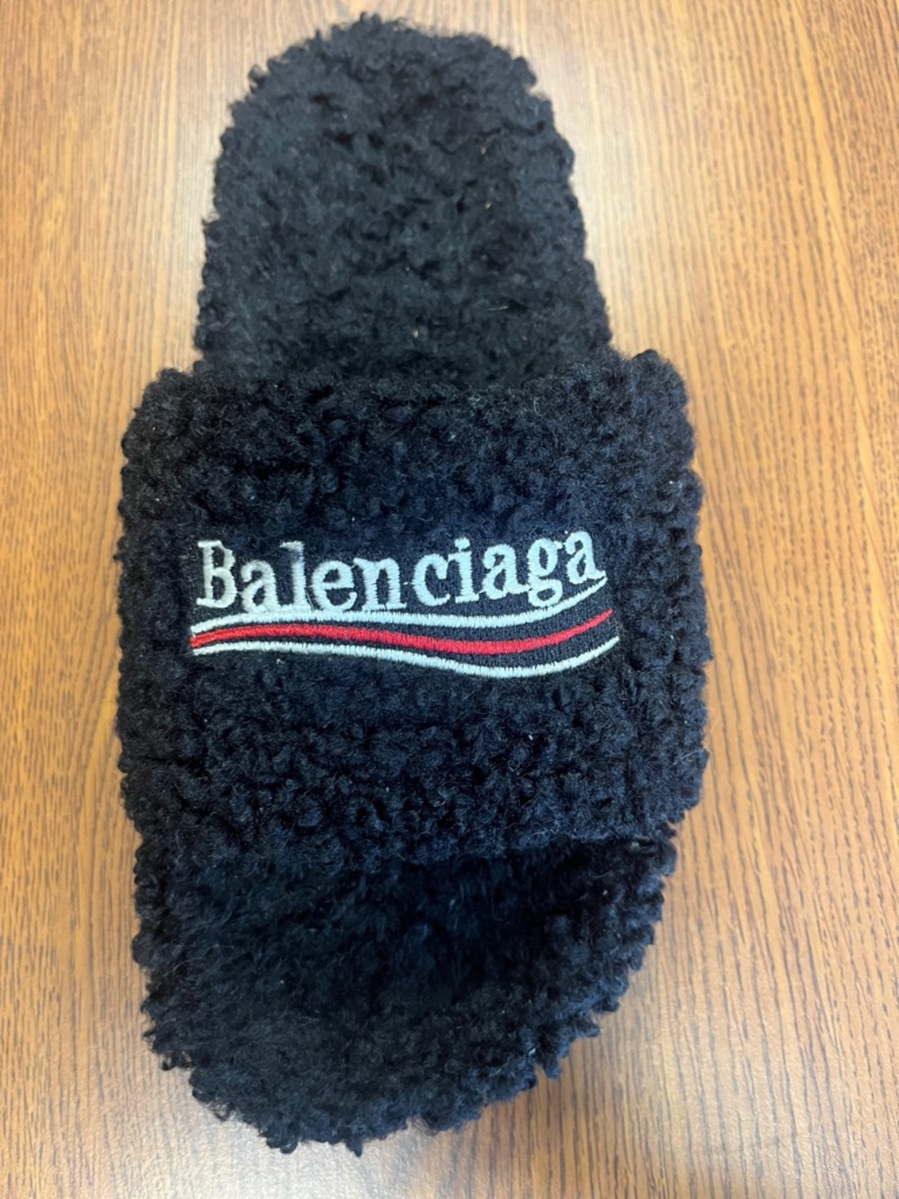Balenciaga Black Fuzzy Logo Slide Slippers with Dust Bag - Picture 4 of 5